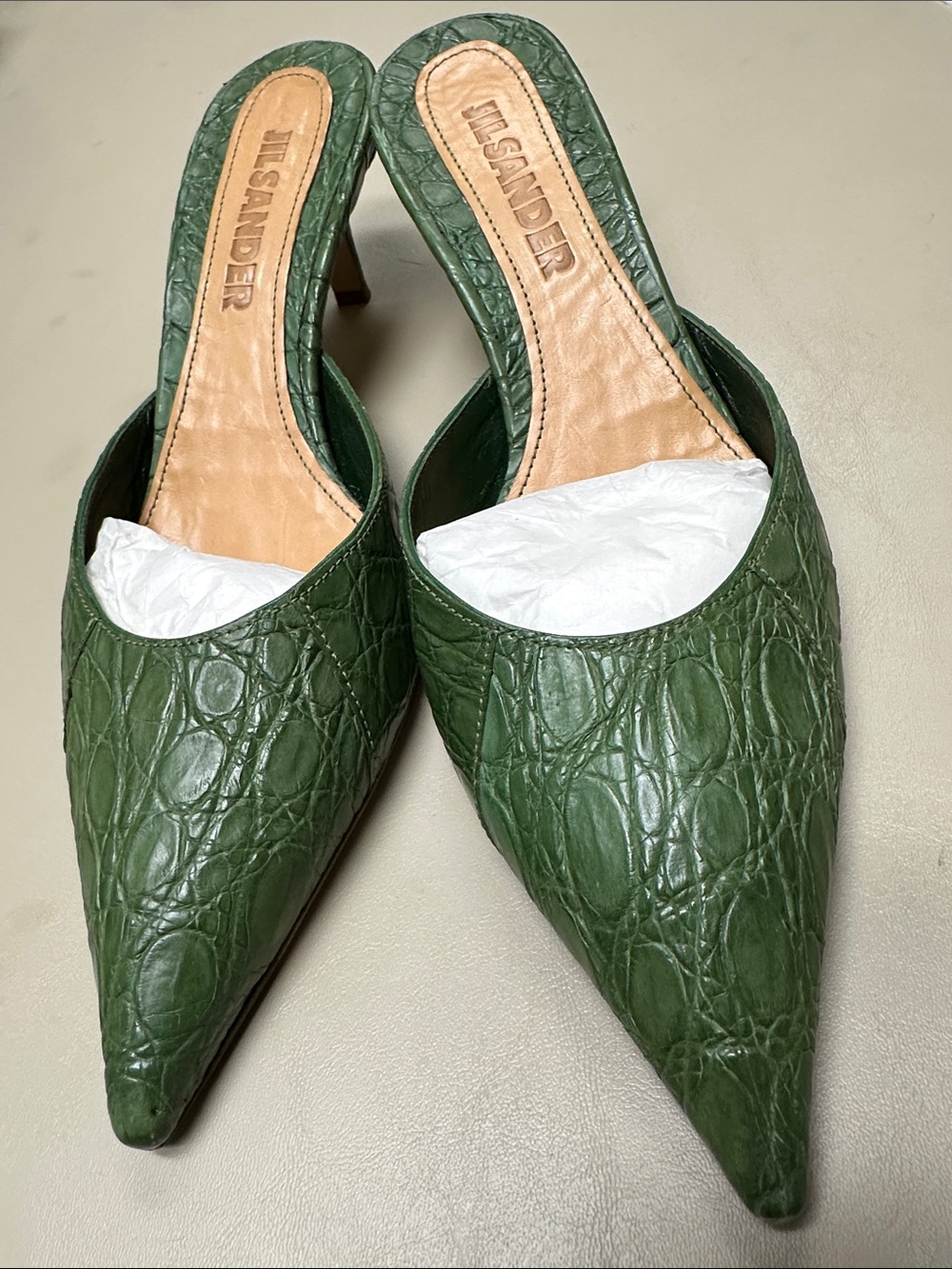 Jil Sander Green Croc-Embossed Pointed-Toe Mules